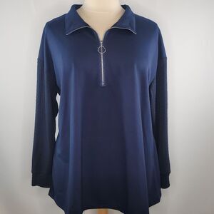 BloomChic Blue Drop Shoulder‎ Zipper Lapel Collar Sweatshirt